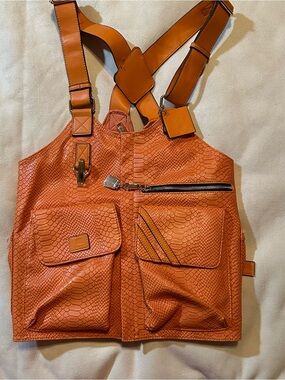 Orange Textured Leather Utility Vest
